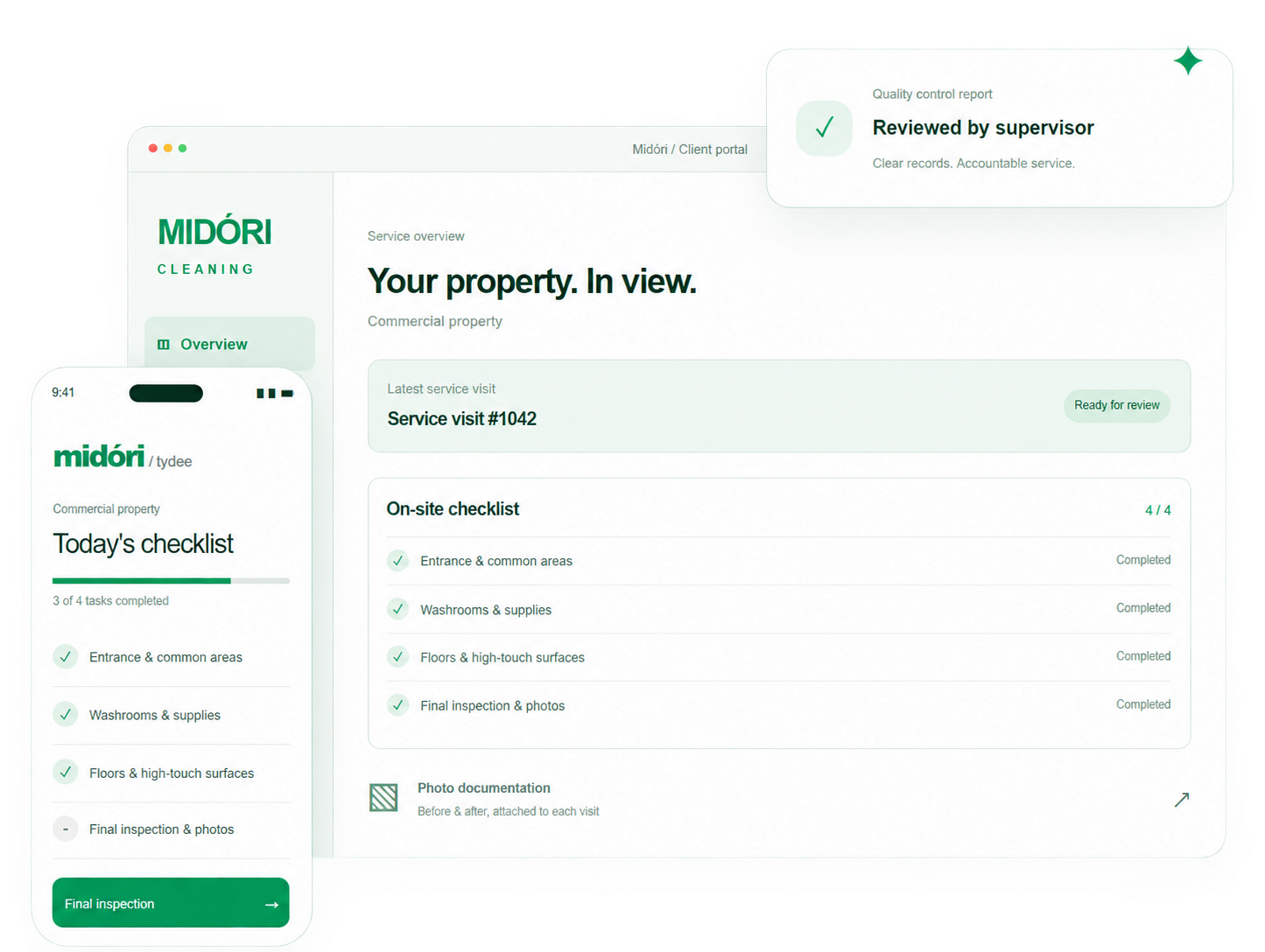 Illustrative Tydee quality-management preview: client dashboard, mobile task checklist and supervisor quality-control report.