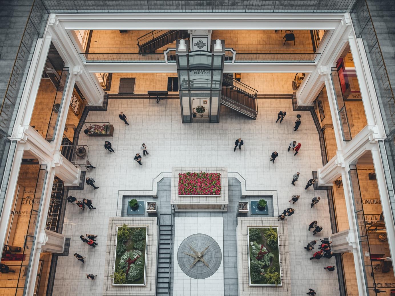 realistic shopping mall, without brand names from top side angle